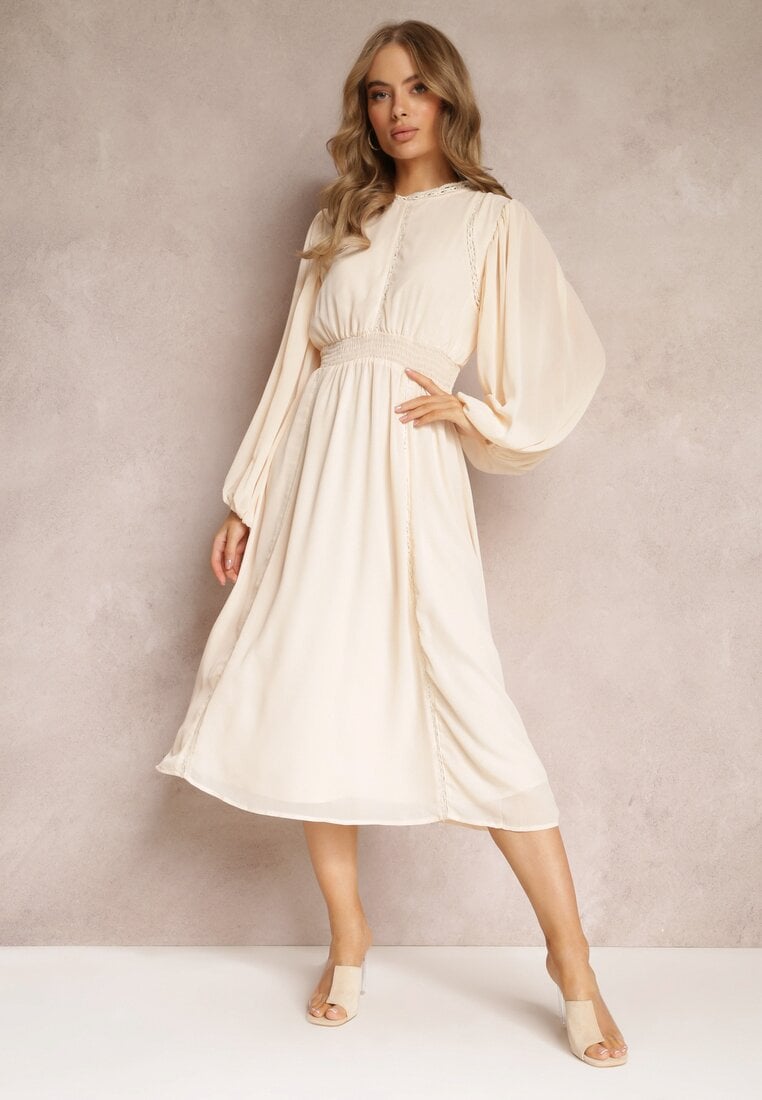 Rochie Bejă Evazată Midi cu Elastic în Talie și Dantelă Ottillda