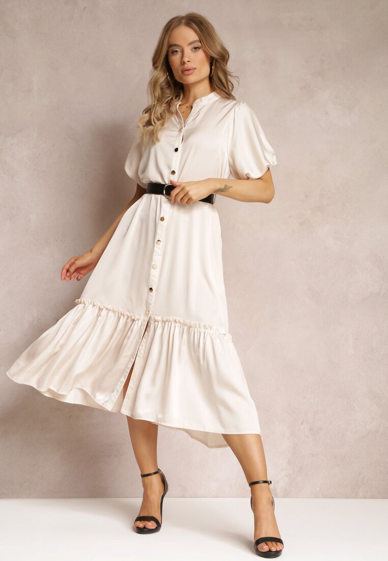 Rochie Midi Bej cu Volan Decorativ și Curea Suplimentară din Imitație de Piele Charlotona