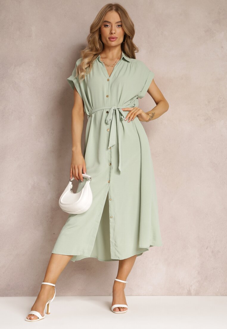 Rochie Cămașă Verde Deschis cu Mâneci Scurte și Curea Legată Denalia