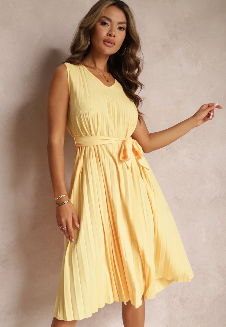 Rochie Plisată Galbenă Midi cu poale evazate și curea din material Katinka