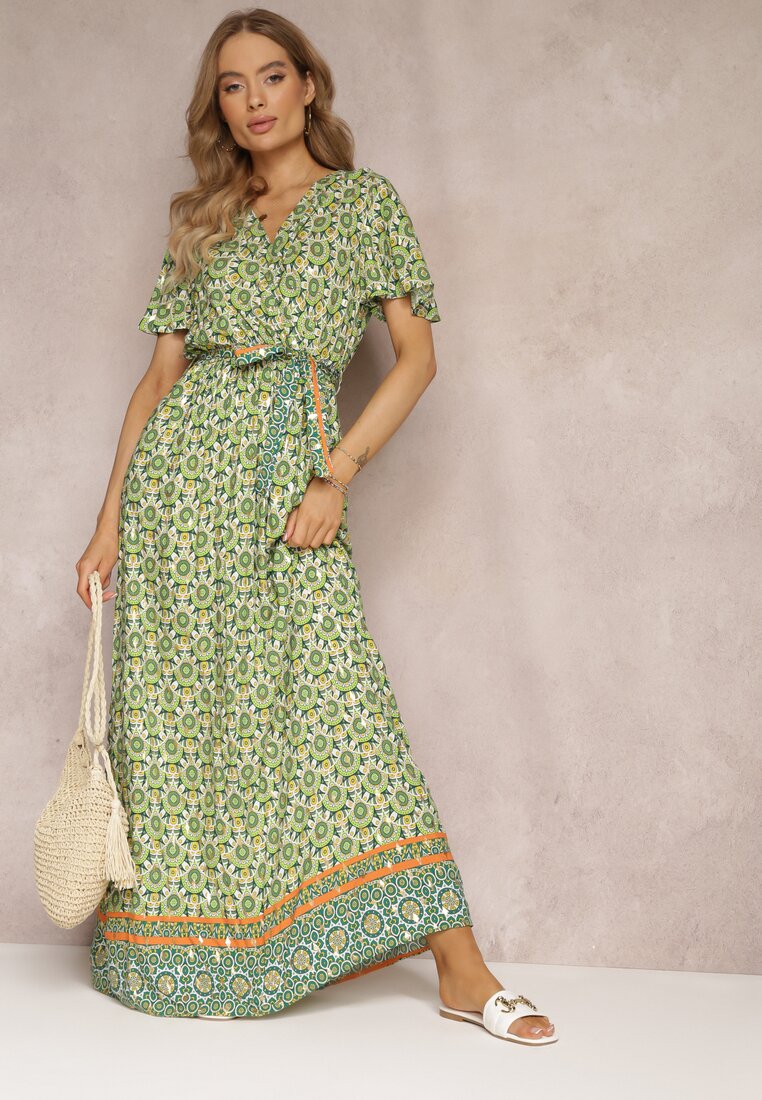 Rochie Verde din Viscoză cu Model Etnic cu Elastic și Curea în Talie Lucassa