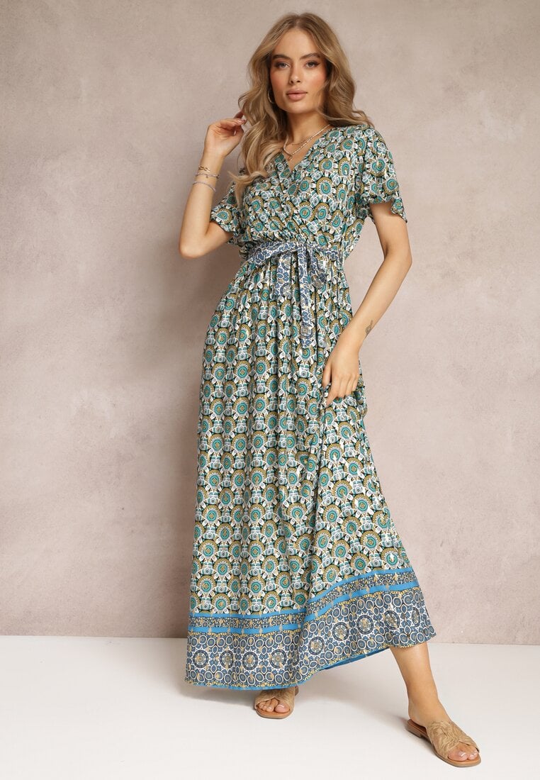 Rochie Maxi Verde Mentă cu Cordon și Elastic în Talie cu Model Ornamental Calvim