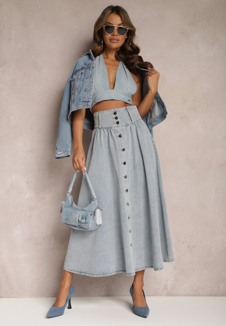 Fustă Albastru Deschis Denim Maxi cu Nasturi din Bumbac Rachellia
