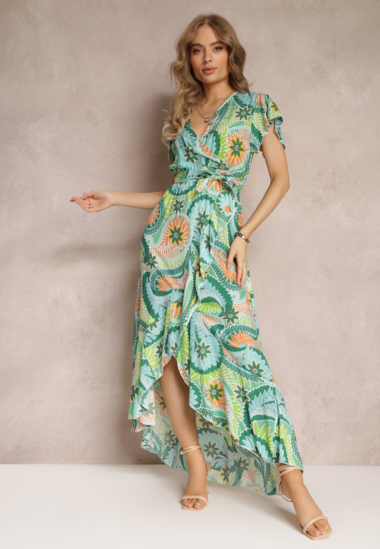 Rochie Maxi petrecută Verde cu cordon din material și elastic în talie din bumbac Alyn