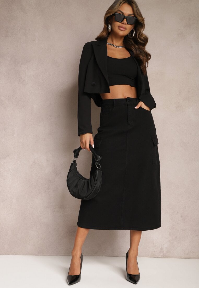 Fustă Neagră Midi Din denim Tip Cargo Cu Buzunare Dyleta