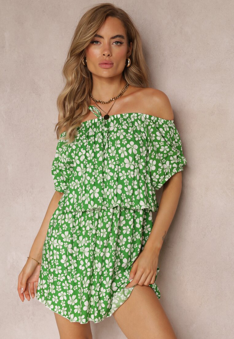Rochie Verde Cloș Mini cu Decolteu Spaniol și Elastic în Talie din Viscoză Jassinta