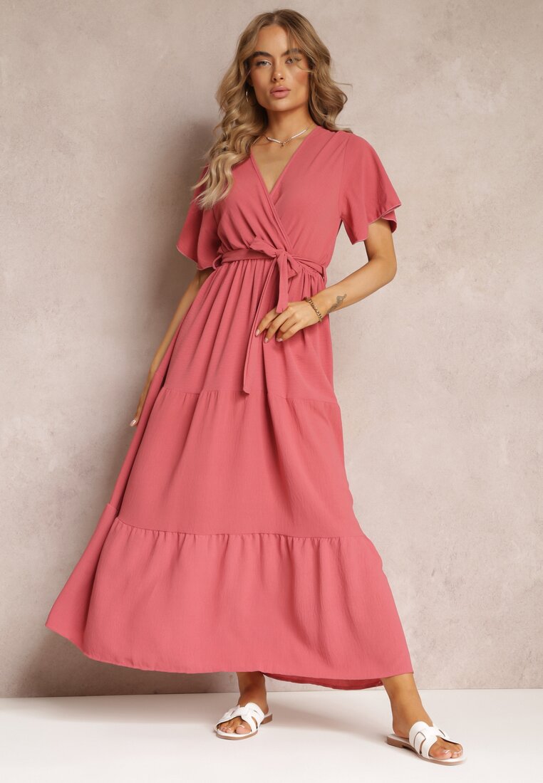 Rochie Maxi roz închisă cu elastic în talie și centură din material Kiriane