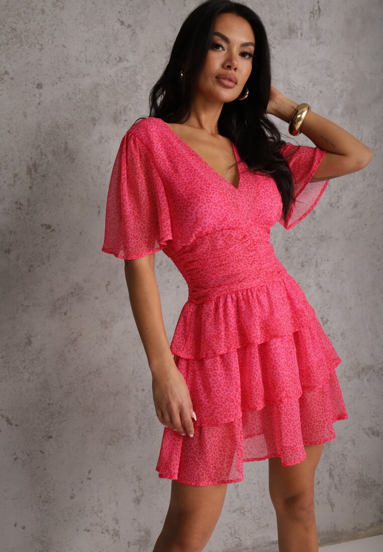 Rochie Mini Roz cu Volane și Drapaj în Talie Kraisa