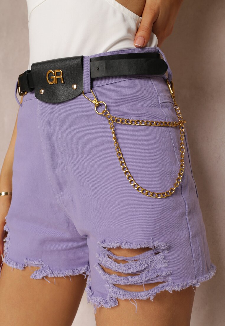 Pantaloni scurți din bumbac talie înaltă mov deschis cu curea și lanț detașabil Priseis