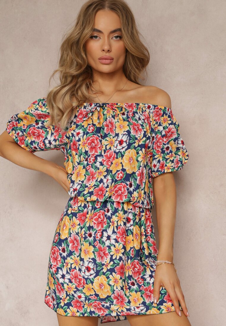 Rochie spaniolă bleumarin-galbenă din viscoză și elastic în talie Pellin