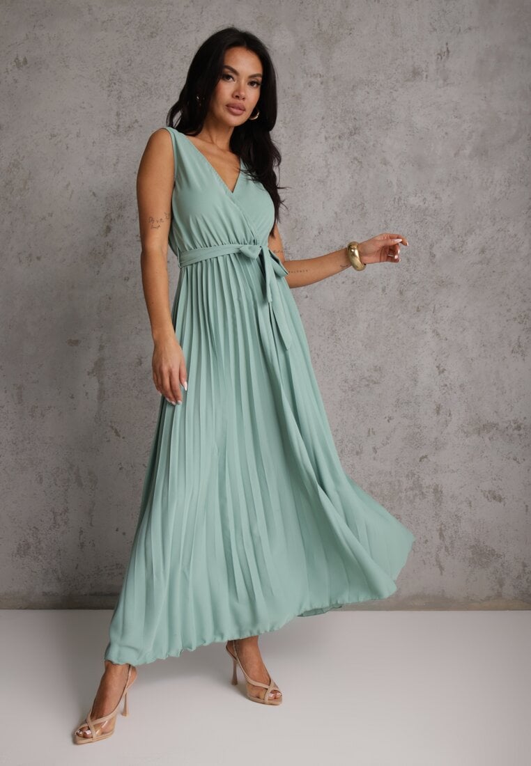 Rochie Evazată Verde Maxi cu Fusta Plisată și cu Talie Elastică Sare