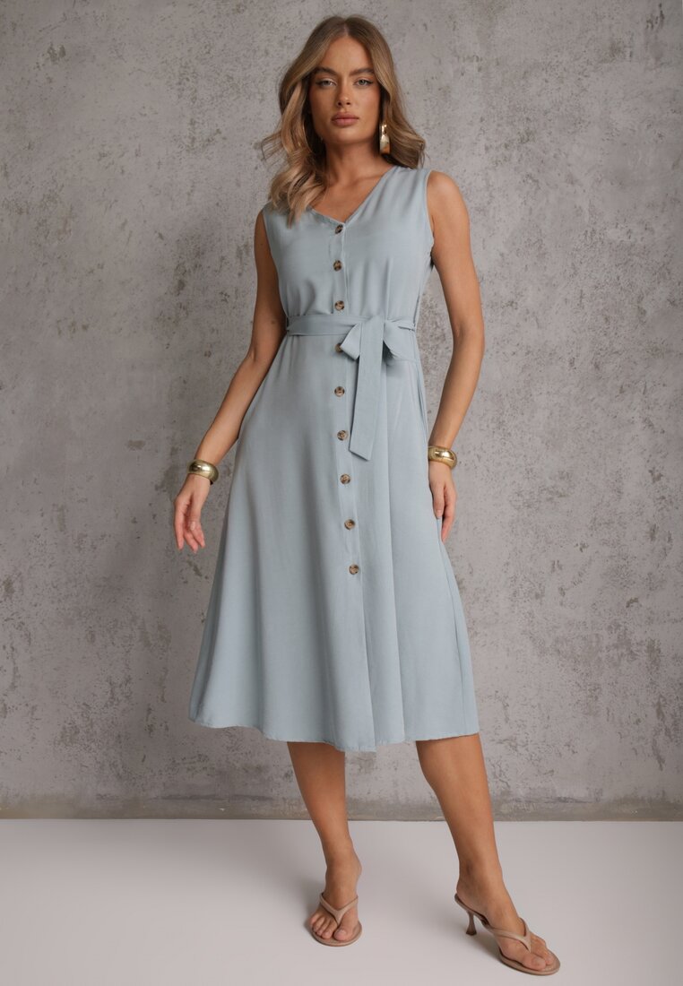 Rochie trapez midi fără mâneci cu cordon albastru deschis Ajana