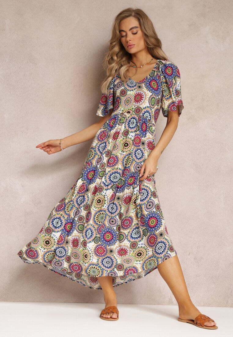 Rochie Maxi din viscoză Alb-Bleumarin Florală cu poală amplă și volan Pathna