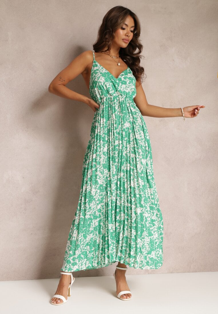 Rochie Plisată Verde Maxi cu Decolteu petrecut și Talie elastică Ekeze