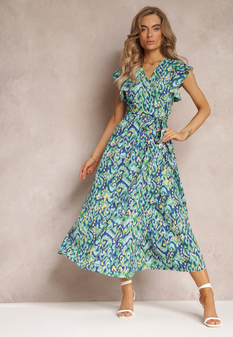 Rochie Bleumarin-Verde Strălucitoare Maxi cu Volane și Curea din Material Xisezi