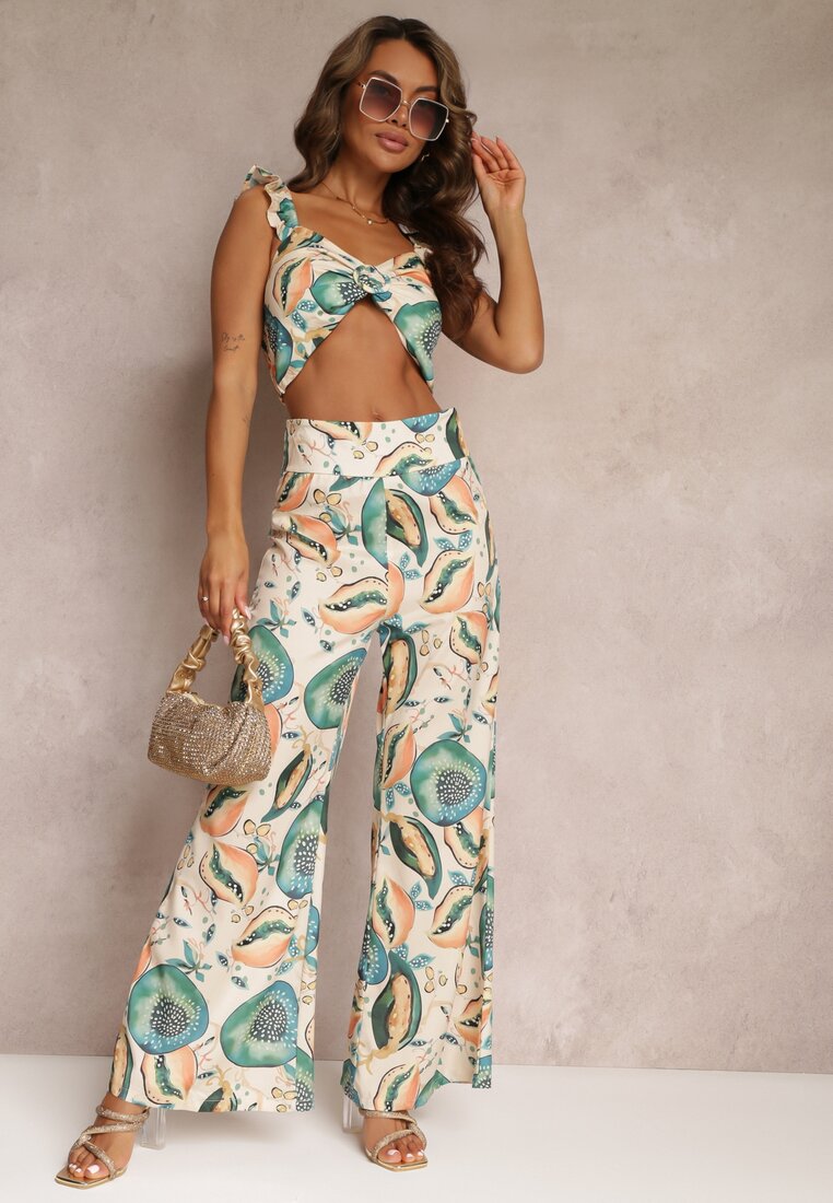 Compleu Bej Floral din 2 piese cu Top și Pantaloni Largi Assomi