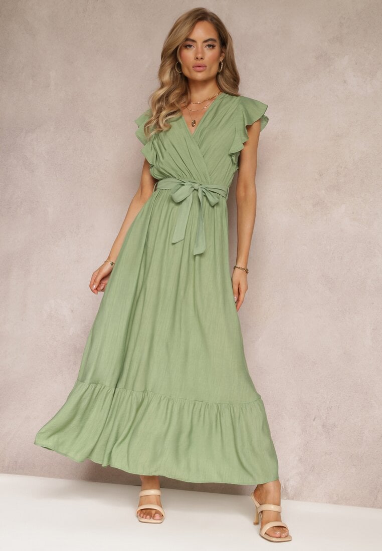 Rochie Verde Evazată Maxi cu elastic în talie Lavla
