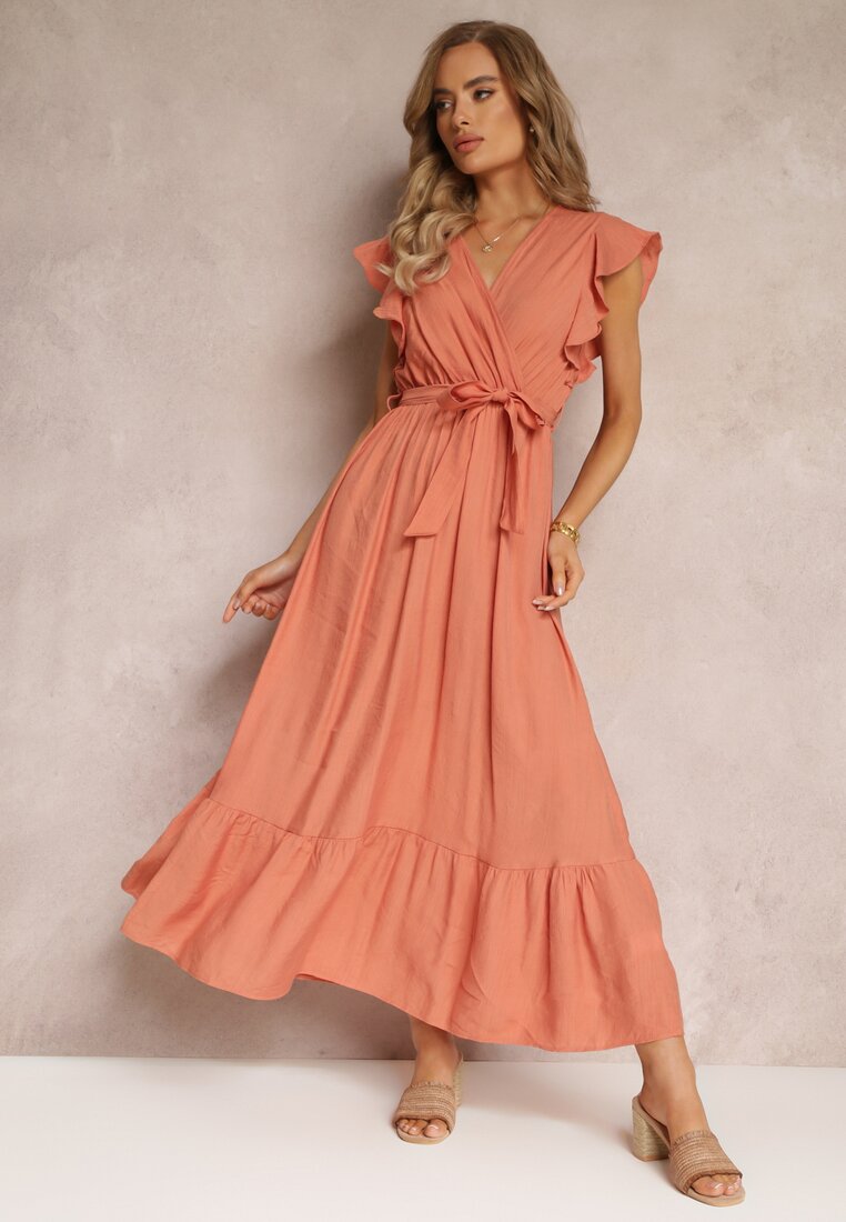 Rochie evazată maxi cu elastic în talie portocalie Lavla