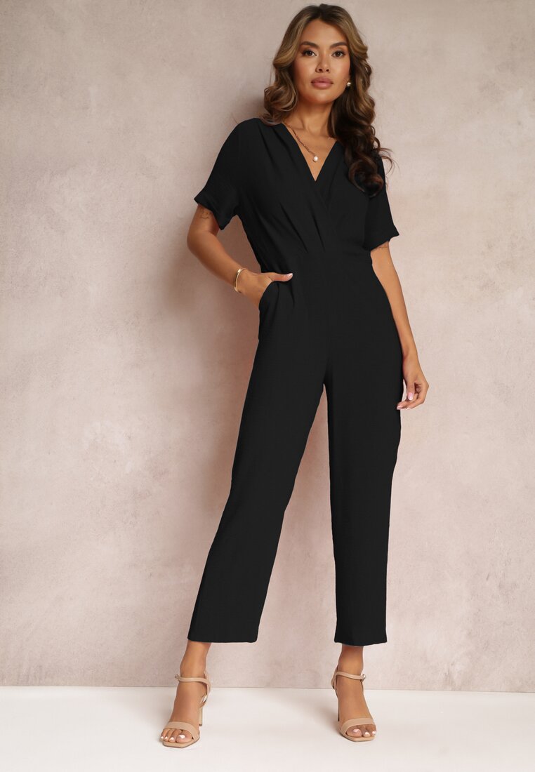 Salopetă Neagră cu Decolteu Petrecut și Mâneci Scurte din Viscoză Coridsa