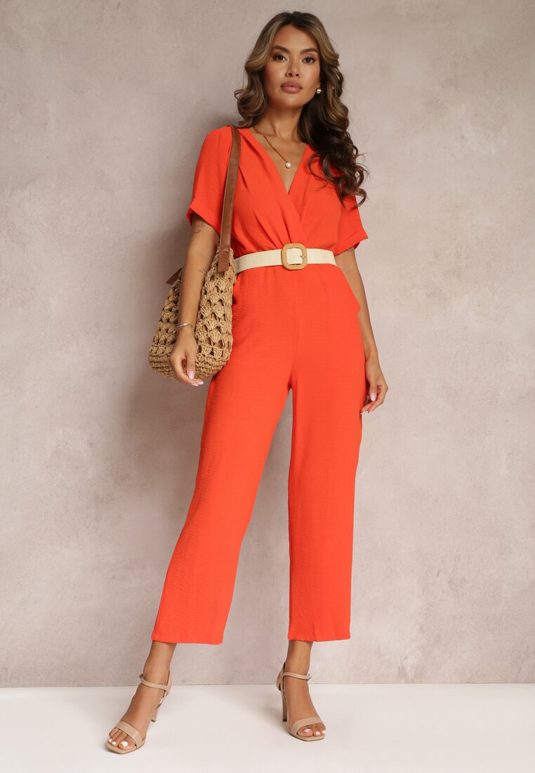 Salopetă Portocalie cu Decolteu Petrecut și Mâneci Scurte din Viscoză Coridsa