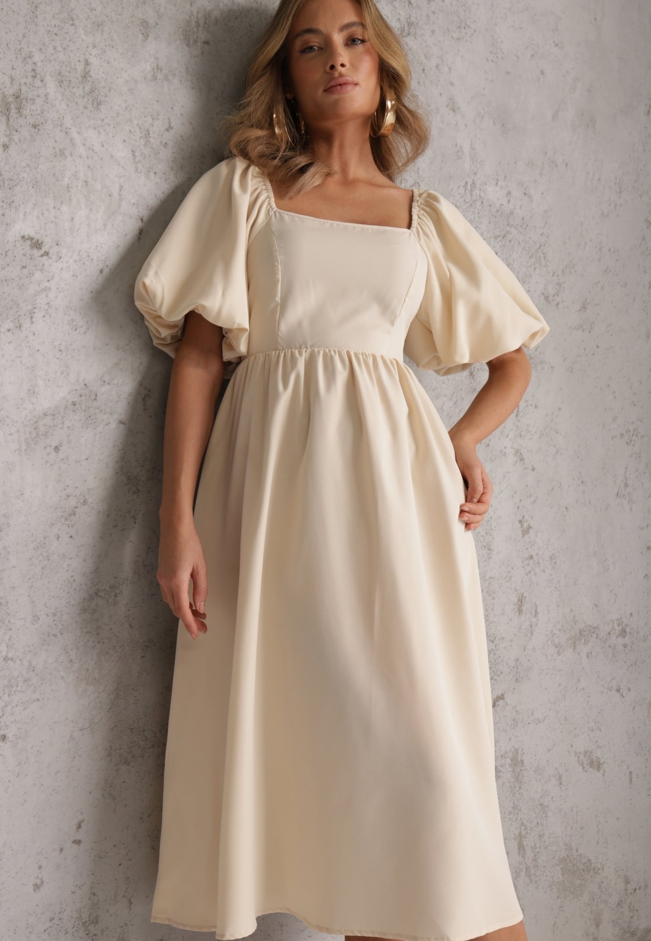 Rochie Midi Bejă cu croială evazată, cu decolteu pătrat și mâneci bufante Briakke