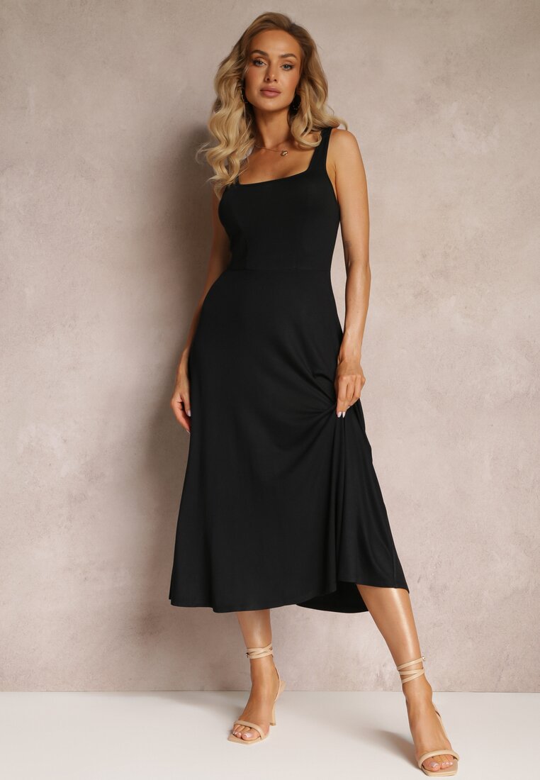 Rochie Midi Neagră cu croială cloș cu bretele late cu decolteu rotund Oversoul