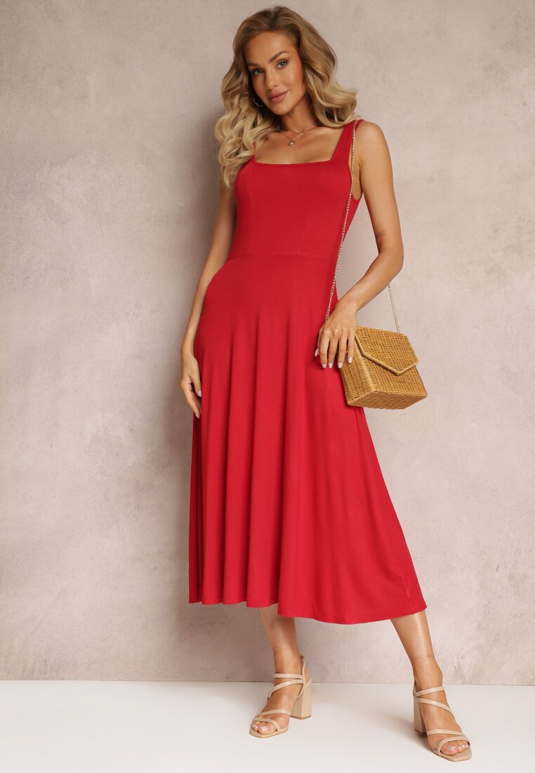 Rochie Midi Roșie cu croială evazată, cu bretele largi și decolteu rotund Oversoul