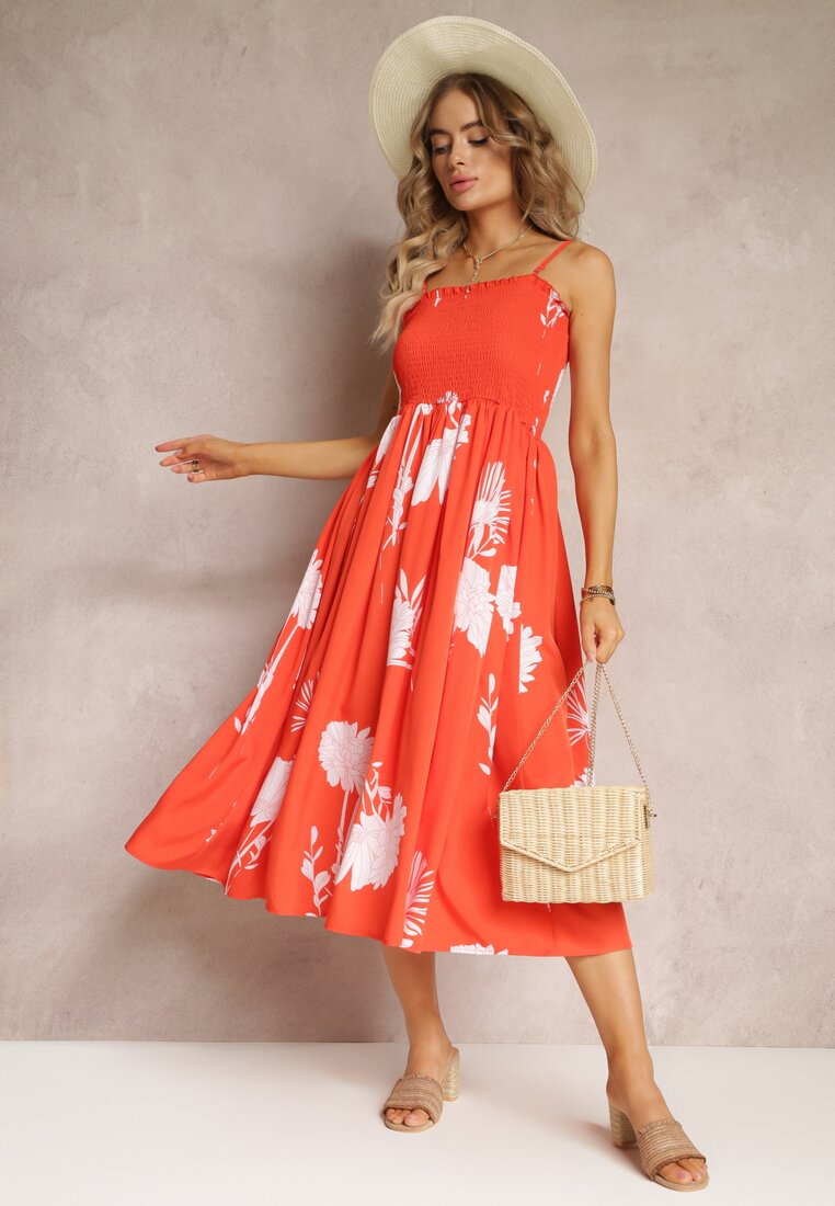 Rochie Portocalie Midi cu bretele Florală Godeberta