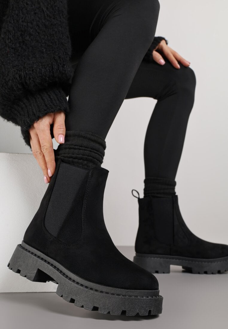 Botine tip Chelsea Negre din imitație de piele întoarsă cu talpă groasă Gosoga