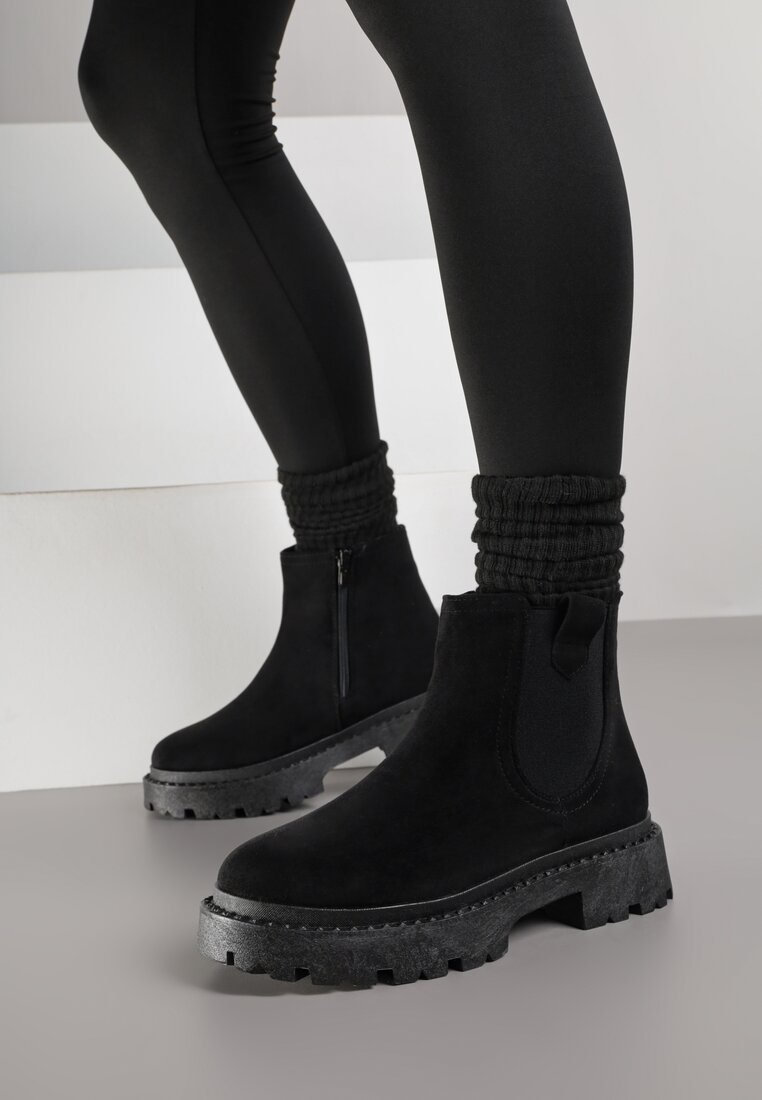 Botine Negre Chelsea din Piele întoarsă ecologică pe Talpă Groasă Liraelia