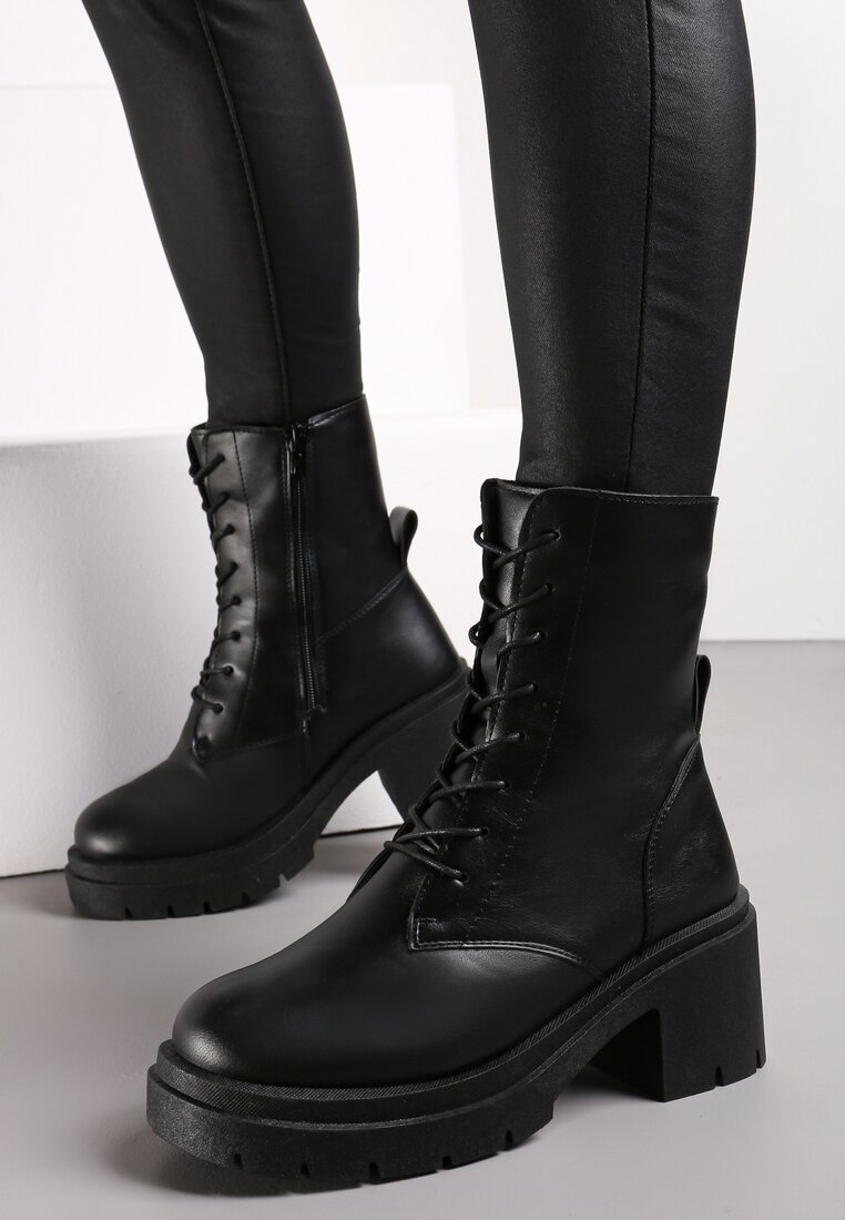 Botine negre Cu șireturi Din imitație de piele Pe talpă cu platformă și striații Zaran