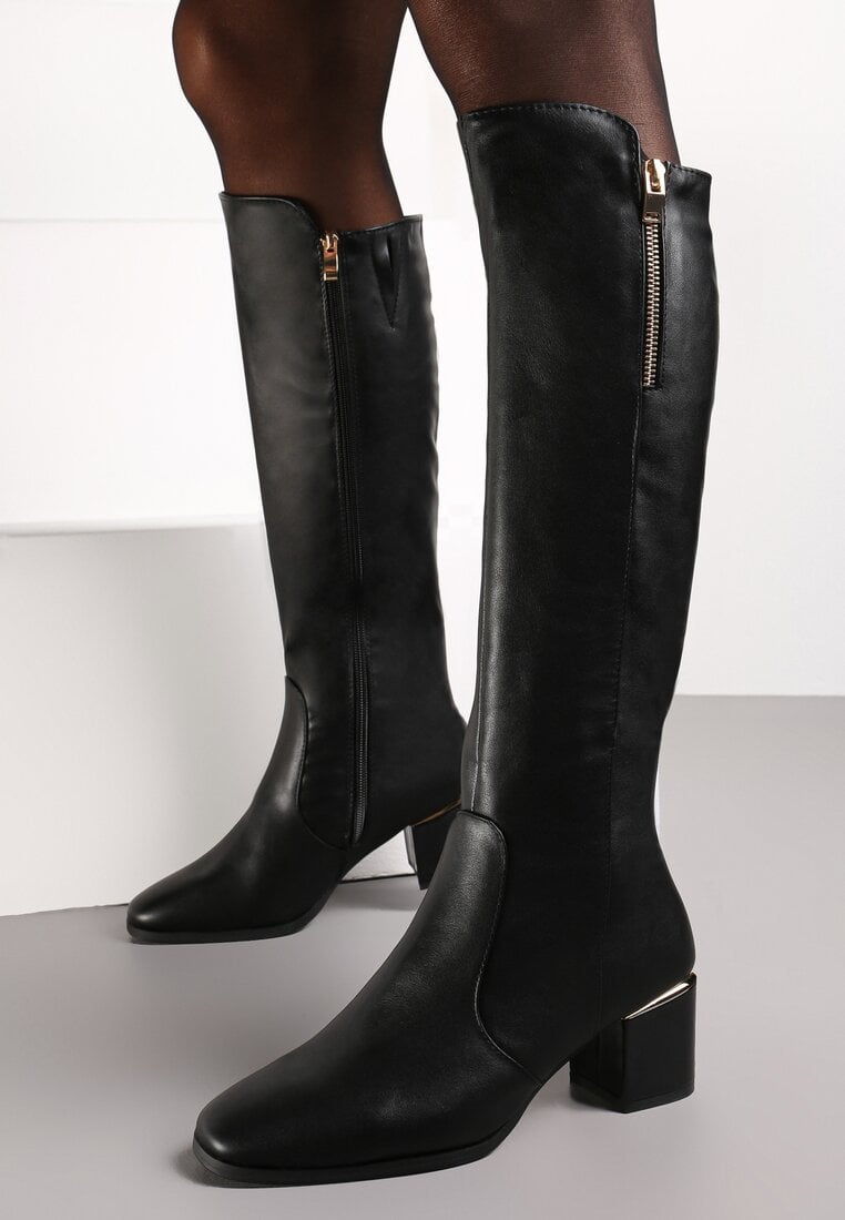 Cizme Negre pe Toc Gros din Imitație de Piele cu Fermoar Decorativ Lolerra