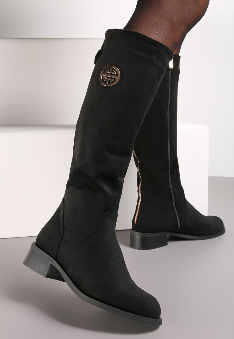 Cizme Negre cu Toc Gros Mic și Ornament Metalic Diventia