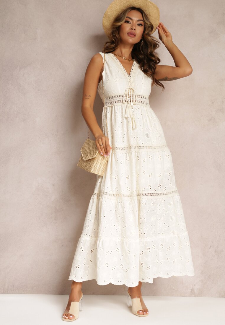 Rochie Bej din Bumbac Maxi din Țesătură Brodată Jive