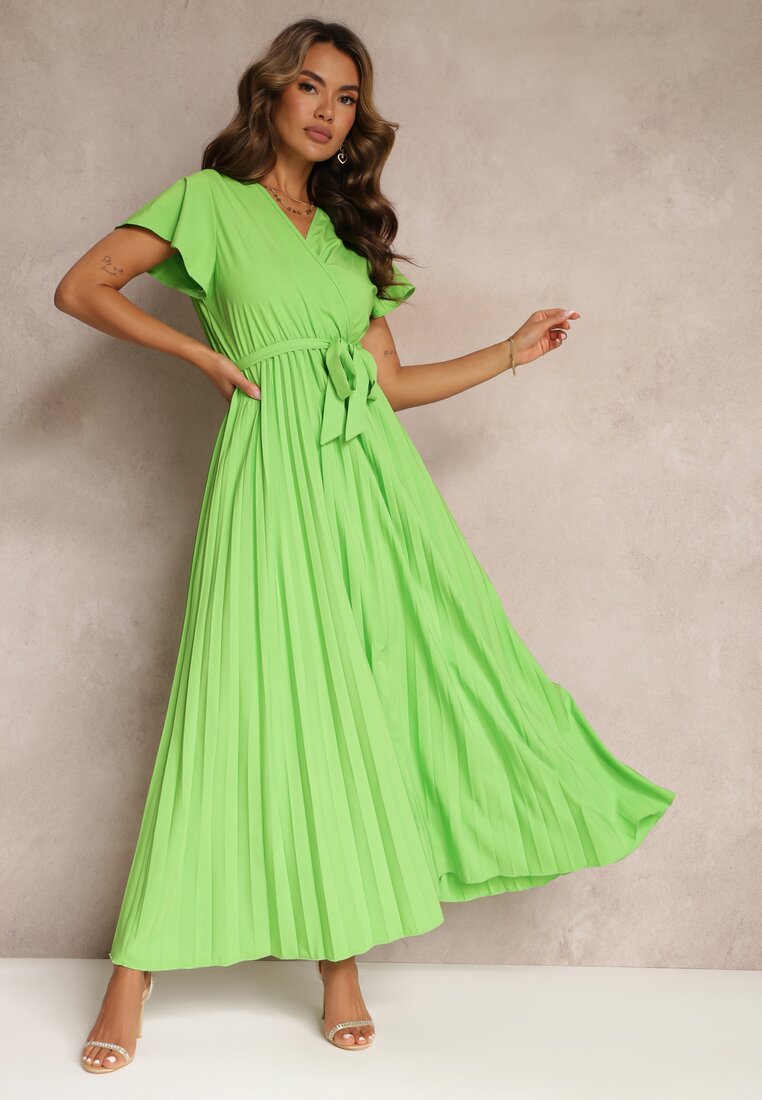 Rochie Verde De cocktail Maxi Decorată cu pliuri, cu decolteu triunghiular și legătură în talie Phoelia