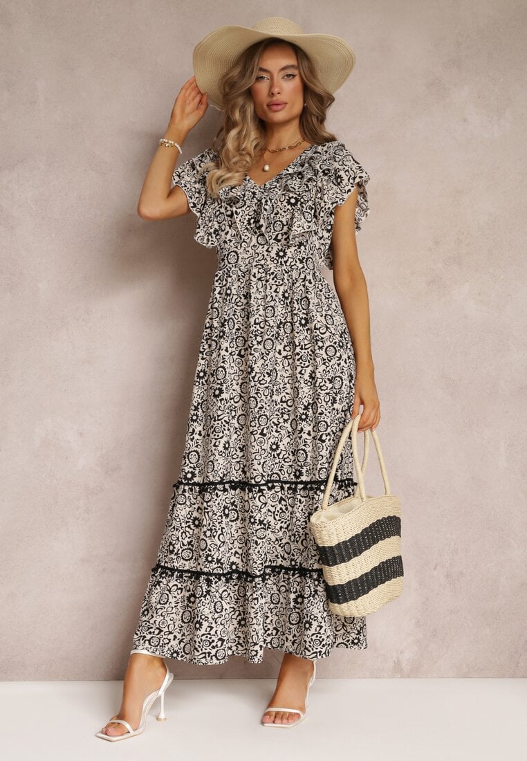 Rochie Neagră Evazată Maxi cu Decolteu Decorativ și Elastic în Talie din Viscoză Adyni