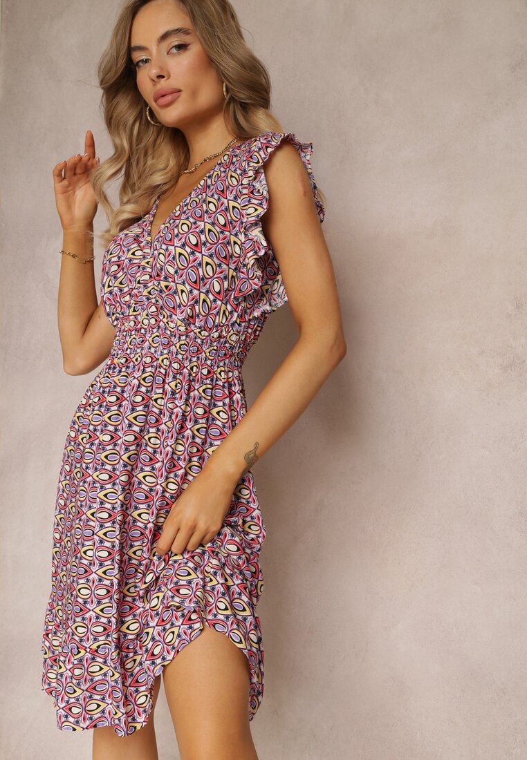 Rochie Mini din viscoză violet-roz cu elastic în talie cu flori Reeves