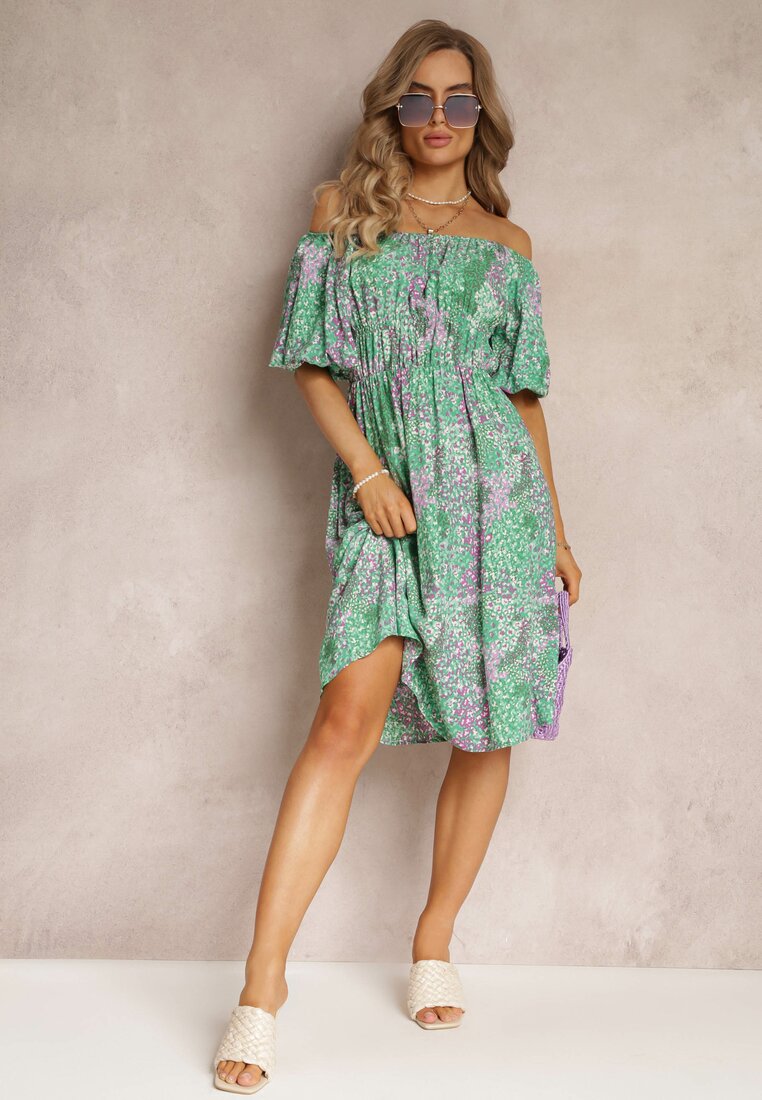 Rochie Midi din viscoză verde cu decolteu spaniol și elastic în talie Wilmanu