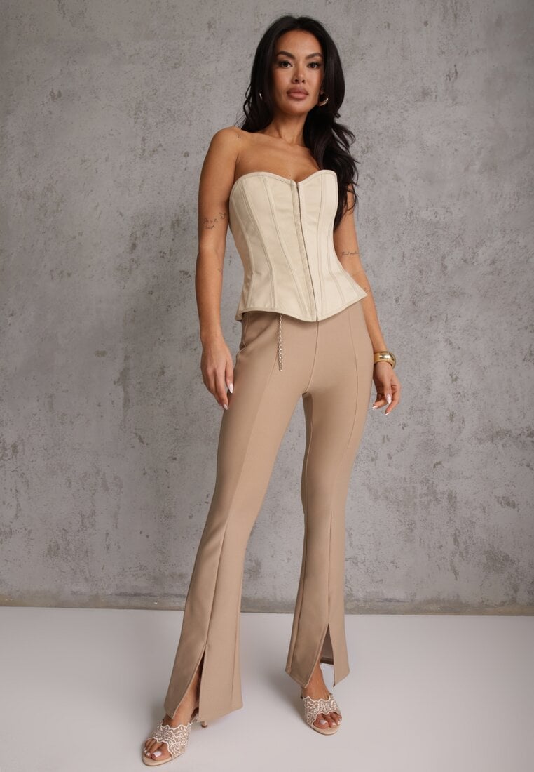 Pantaloni clopot textili Bej cu lanț decorativ Amelana