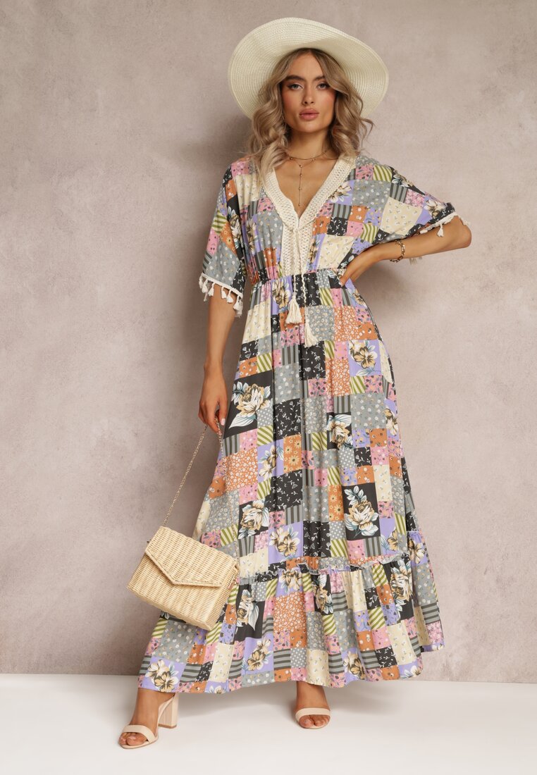 Rochie Evazată Maxi Gri-Neagră cu Volan în Imprimeu Patchwork Fiorella
