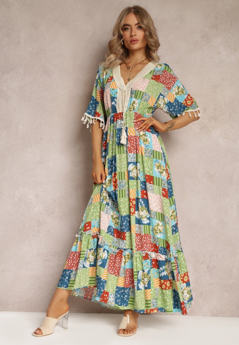 Rochie Verde Evazată Maxi cu Volănaș cu Model Patchwork Fiorella