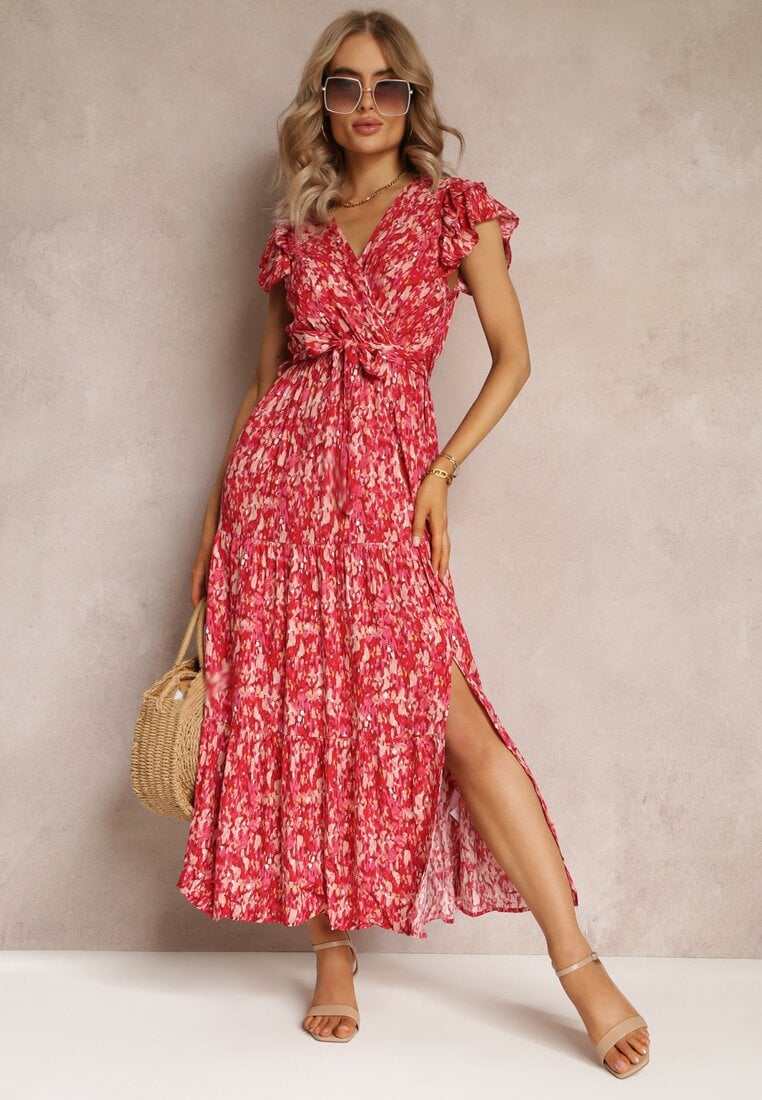 Rochie roșie cloche cu elastic în talie și volan Samat