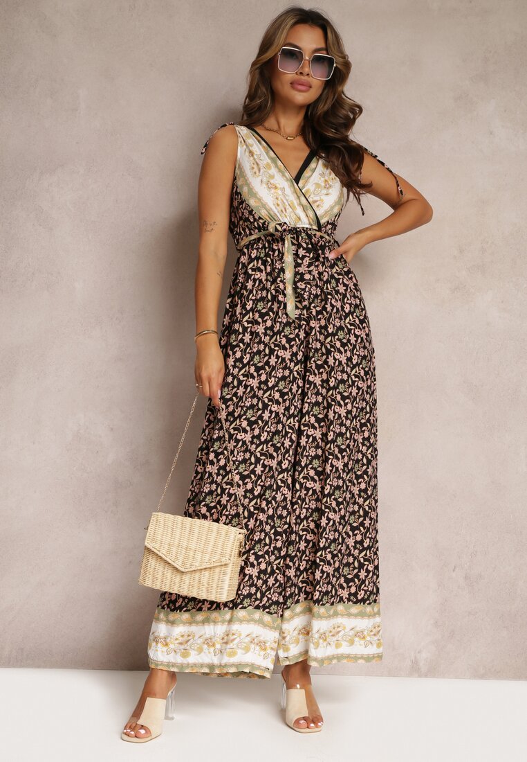 Salopetă Neagră din Viscoză Decorată cu Imprimeu Floral și cu Șnururi la Umeri Taglieri