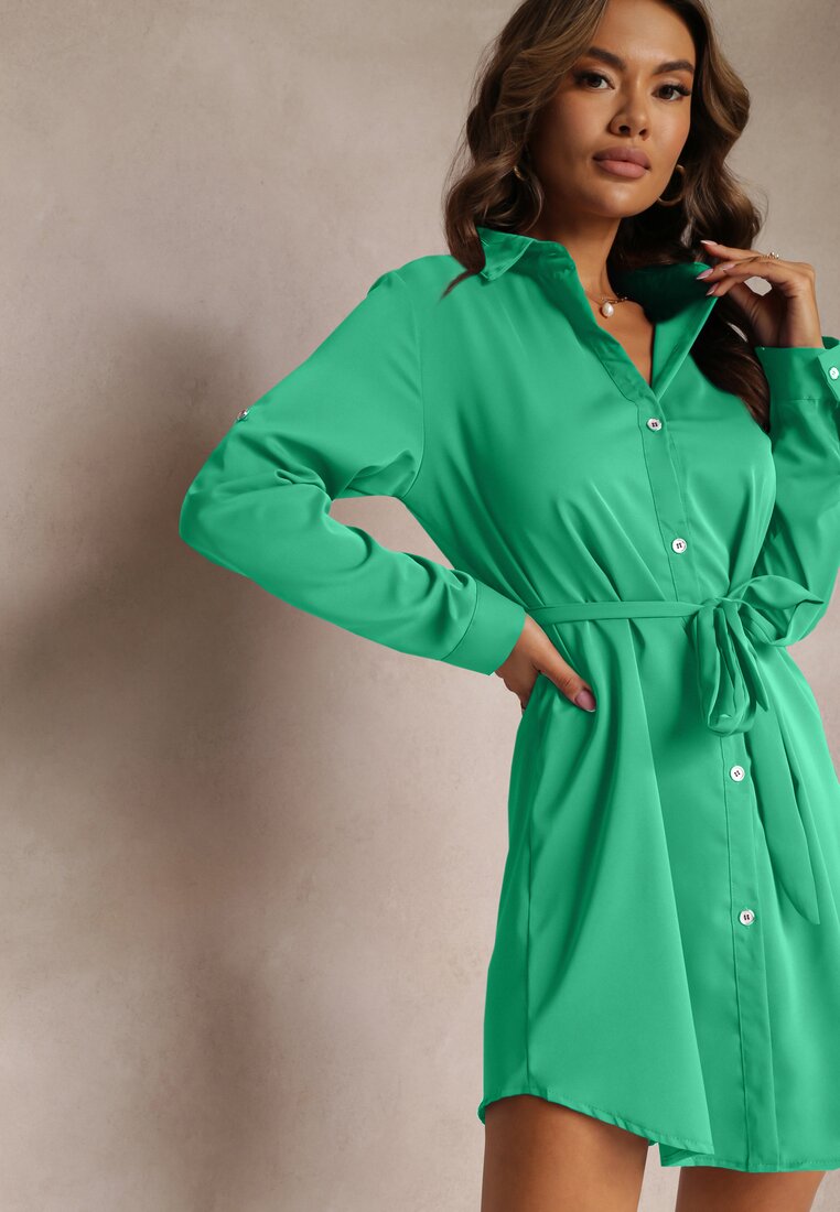 Rochie tip cămașă mini Verde cu cordon Andreola