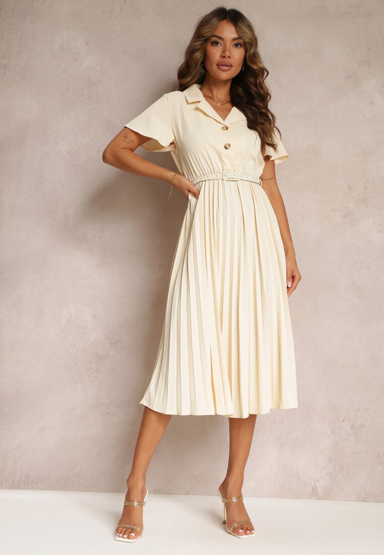 Rochie Bej Retro Midi cu Plisare și Curea cu Cataramă Elinerise