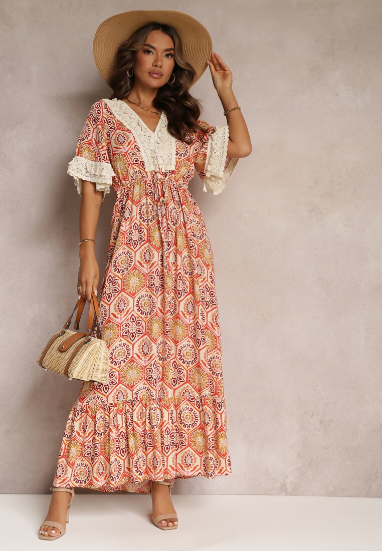 Rochie Cloș din Vâscoză Portocalie cu Decolteu Triunghiular și Dantelă Decorativă Prickie