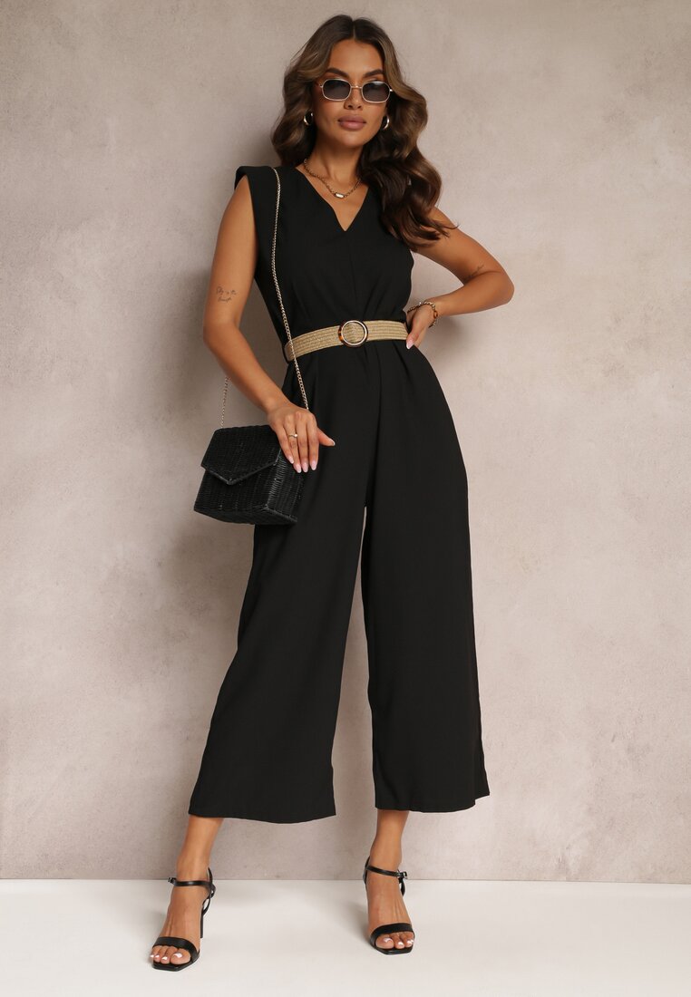 Salopetă Lungă Neagră cu Decolteu Triunghiular și Cordon Decorativ cu Cataramă Malkah