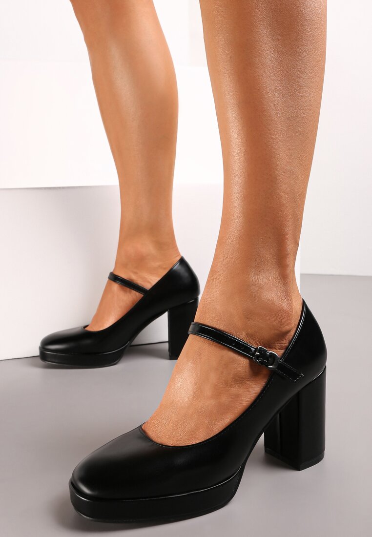 Pantofi cu toc negri cu toc bloc și platformă joasă cu baretă Innocen