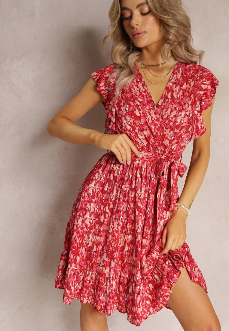 Rochie Roșie Evazată Midi Florală din Viscoză Strânsă în Talie cu Elastic Anicolas