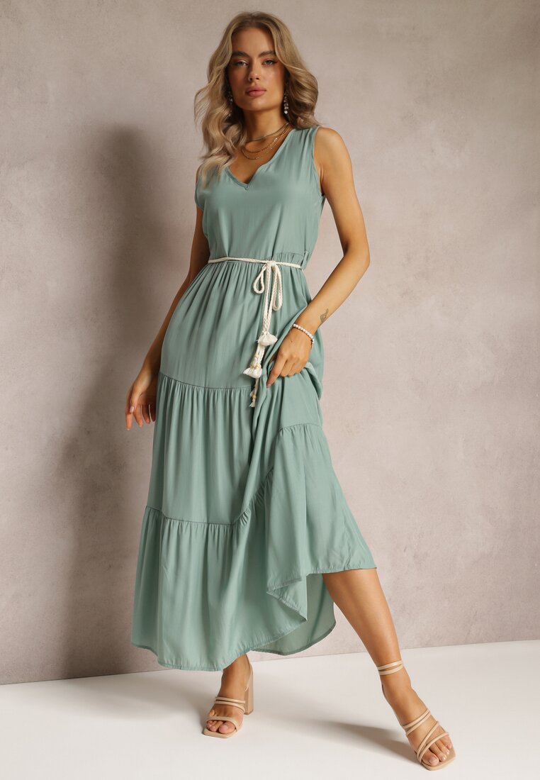 Rochie Verde Maxi cu Fason Cloș cu Șnur Decorativ și Decolteu Triunghiular Zornitsa